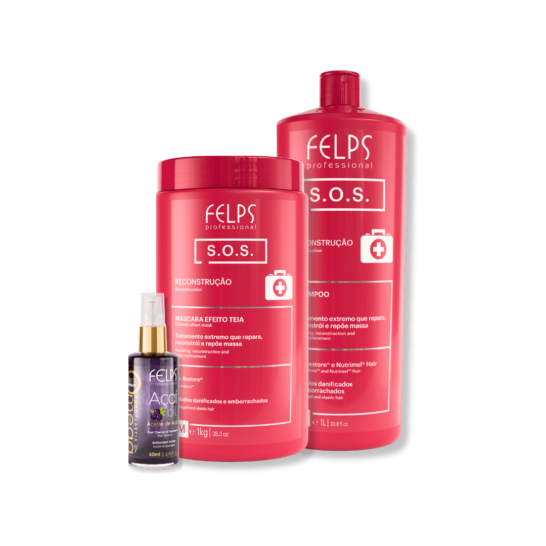 Kit Sos Maschera da 1 kg, Shampoo Sos da 1 litro e olio di acai, olio post trattamento