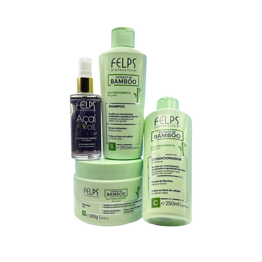 shampoo, balsamo e maschera per la crescita di capelli della linea estratto di bambu di felps professional. In più Olio di Acai finisher post trattamento