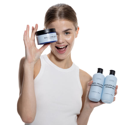 Linea completa Biondo Perfetto Limba Cosmetics - Modella con maschera e trattamenti per capelli decolorati